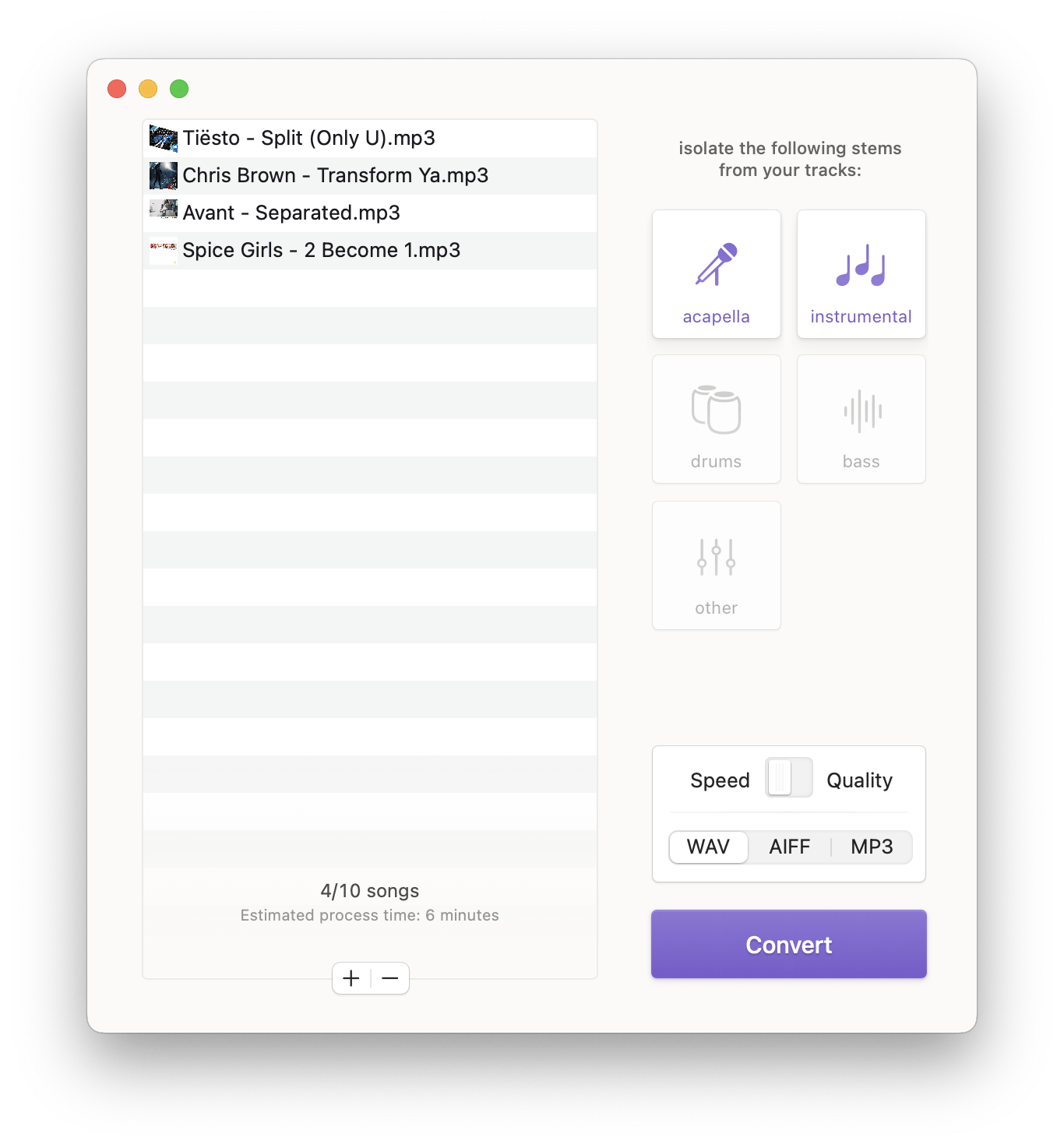 A software interface for music separation displaying a list of songs and options to isolate acapella, instrumental, drums, bass, or other. Stemverter 3 includes conversion options in WAV, AIFF, and MP3 formats.