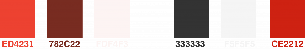 An image displaying six color swatches with hex codes: ED4231, 782C22, FDF4F3, 333333, F5F5F5, and CE2212.