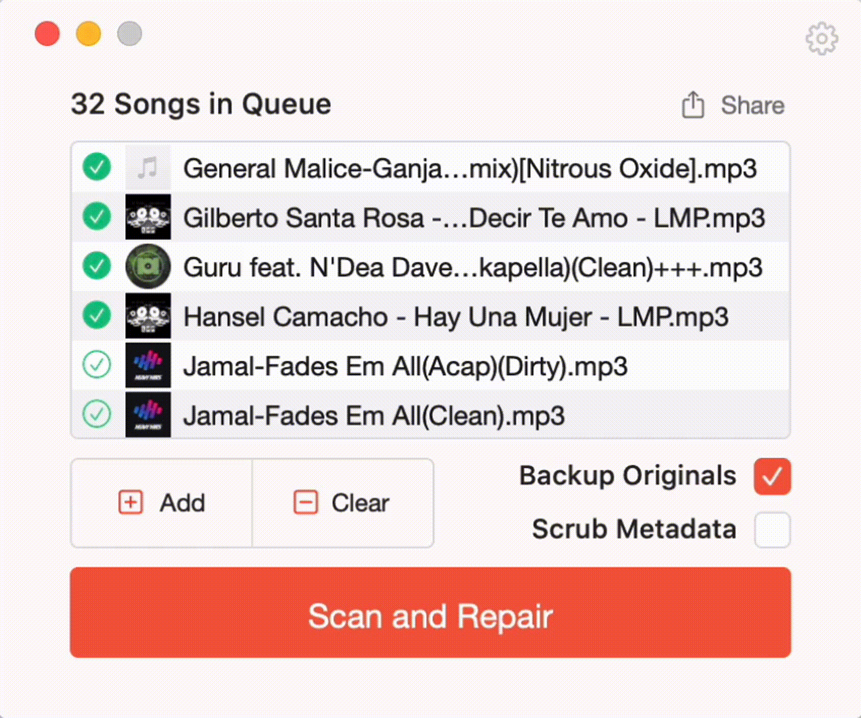 A software interface shows a queue of 32 songs with options to add, clear, scan, and repair. Some songs are checked, and options to backup originals and scrub metadata are visible.