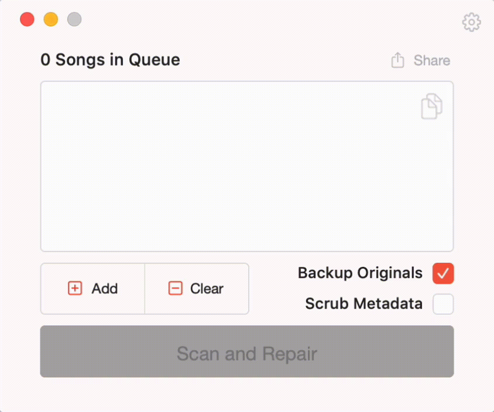 Software interface with "0 Songs in Queue" displayed at the top. The interface includes "Add," "Clear," "Backup Originals," and "Scrub Metadata" options. "Scan and Repair" button is grayed out.