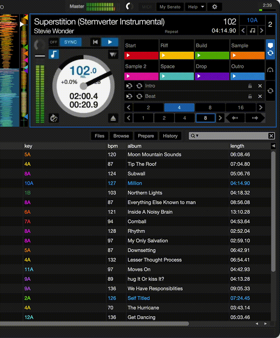 DJ software interface displaying controls for "Superstition (Stemverter Instrumental)" by Stevie Wonder, a BPM of 102.0, and various other tracks in the playlist with keys, BPMs, albums, and lengths listed.