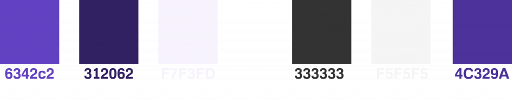 A color palette featuring the hex codes: #6342c2 (purple), #312062 (dark purple), #F7F3FD (off white), #333333 (dark gray), #F5F5F5 (light gray), and #4C329A (violet).