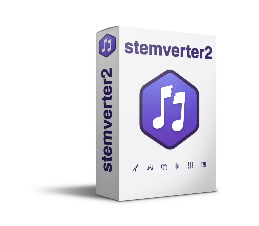Box of Stemverter2 software with a music note icon on the front and various small icons at the bottom, standing on a shadowed surface.