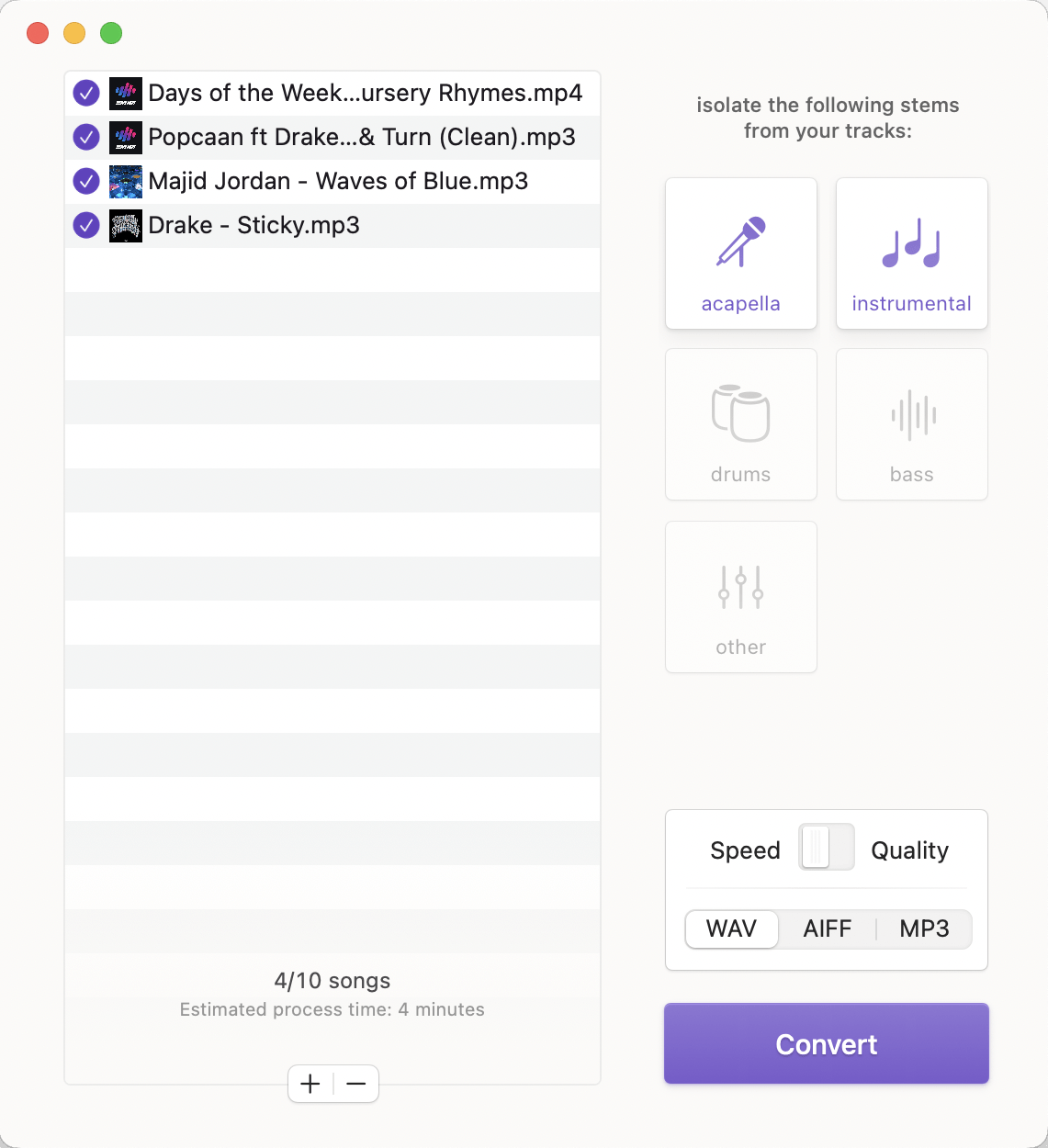 Application interface showing a list of music and audio files, with options to isolate stems such as acappella and instrumental. There are buttons for speed, quality, and format, and a "Convert" button.