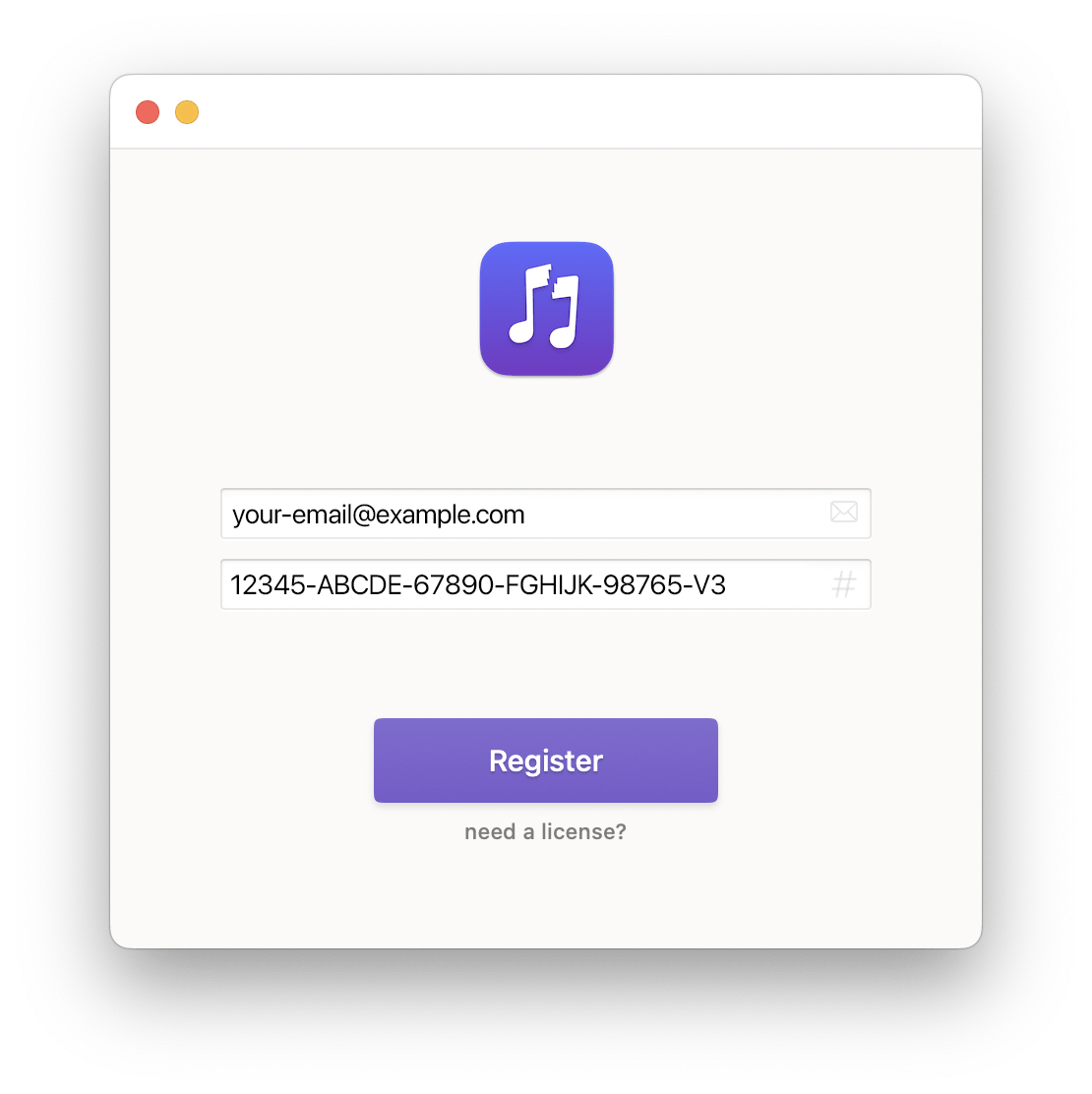 Screenshot of a registration form featuring fields for an email address and a license key, with a "Register" button below. The page also has a link labeled "need a license?" at the bottom.