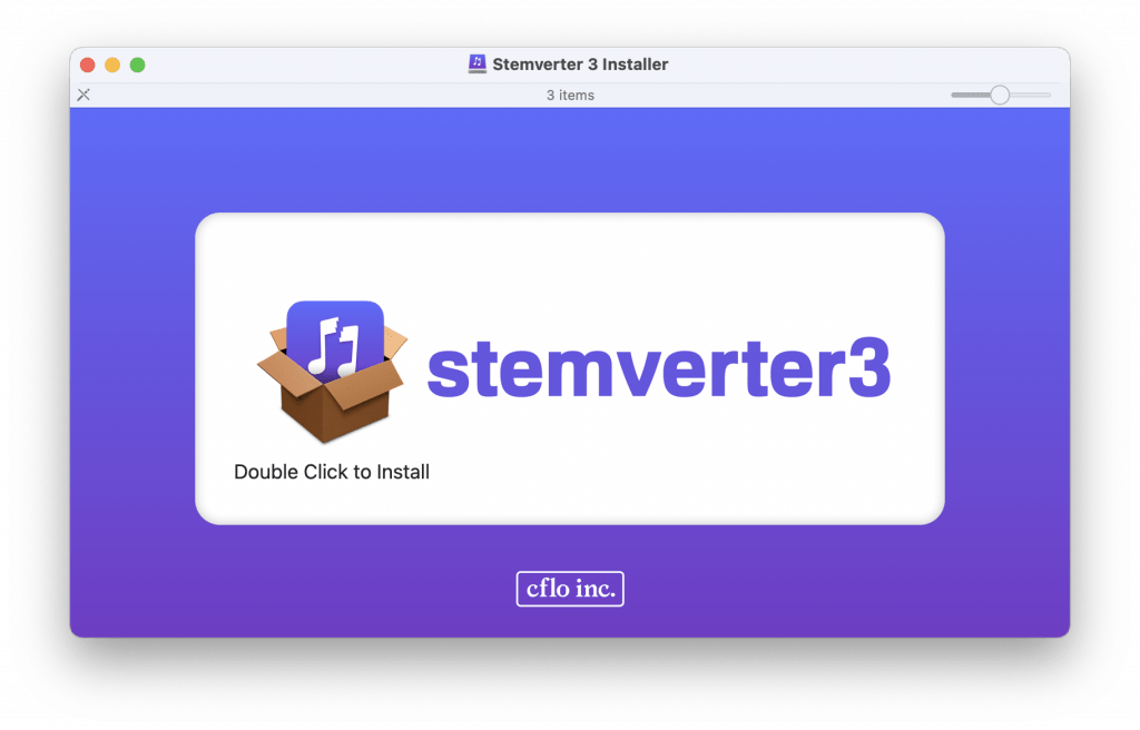 A software installation window with the title "Stemverter 3 Installer" shows an icon of an open box and text instructing "Double Click to Install." The window footer reads "cflo inc.
