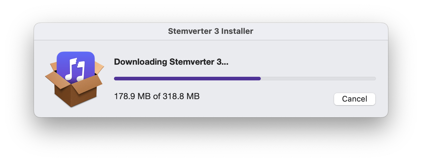 A screenshot of the Stemverter 3 Installer downloading, showing progress at 178.9 MB out of 318.8 MB. There's a cancel button on the right side.