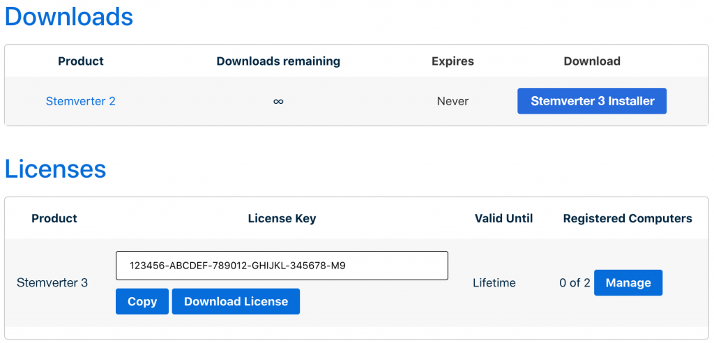 Screenshot of a software download and license management page showing unlimited downloads for "Stemverter 2" and a lifetime license for "Stemverter 3" with associated license key and management options.