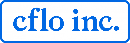 Logo with text "cflo inc." in blue serif font inside a blue rectangular border.