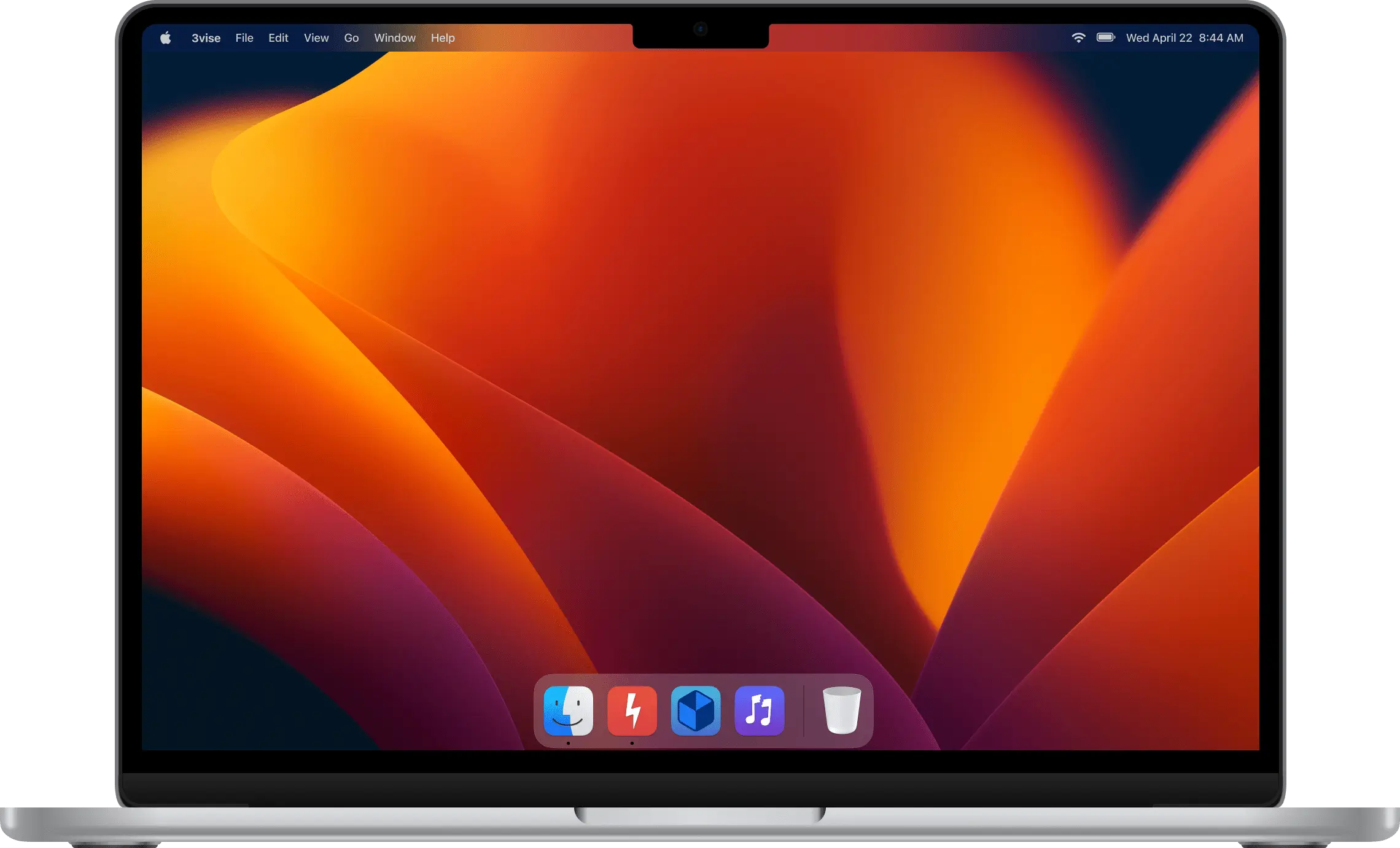 A laptop displaying a desktop screen with a vibrant orange and red abstract wallpaper. The dock at the bottom shows various app icons. The time on the menu bar reads "Wed Apr 21 8:24 AM".