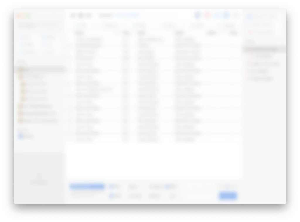 Blurred screenshot of a spreadsheet application displaying a list of folders and files on the left sidebar and a table with columns and rows of data on the main screen.